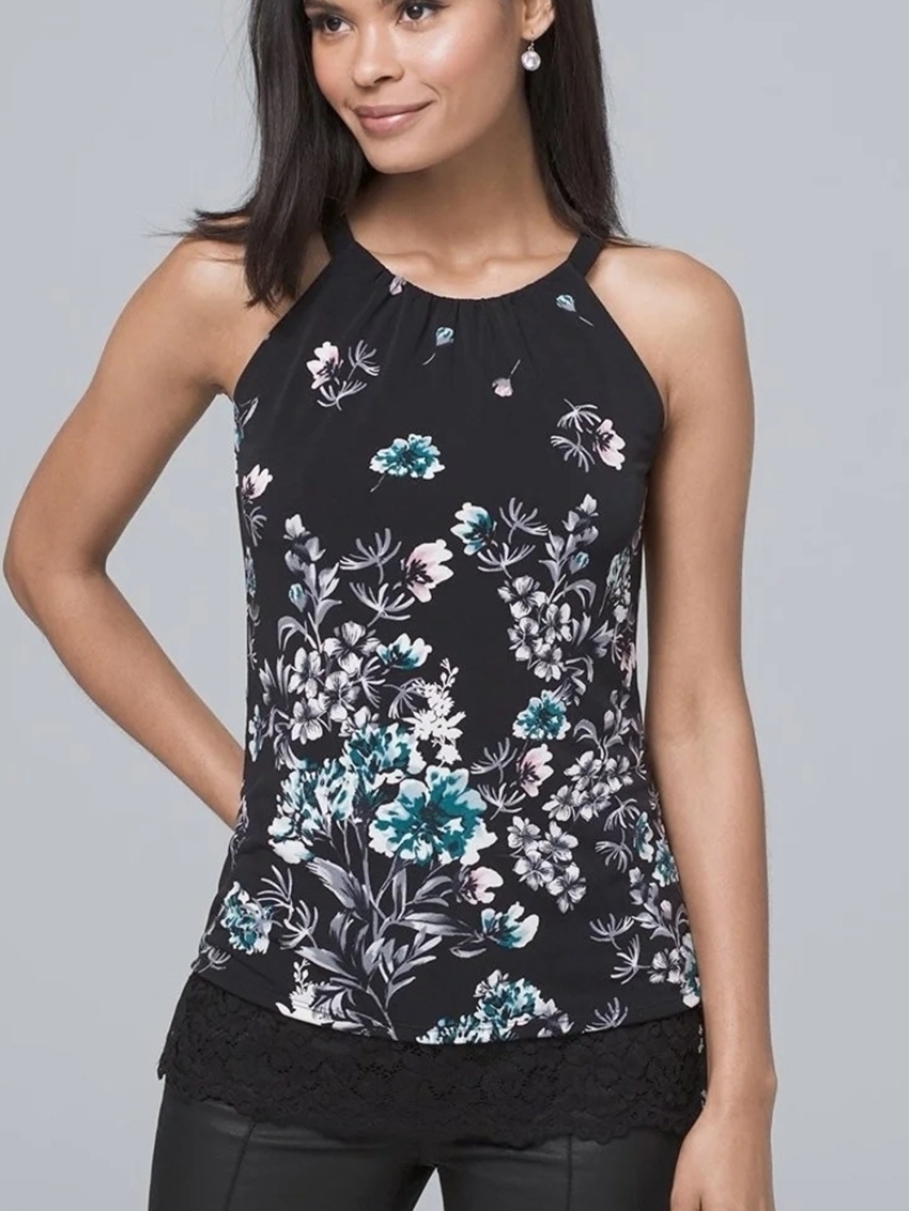 White House Black Market Black Halter Floral Camisole
